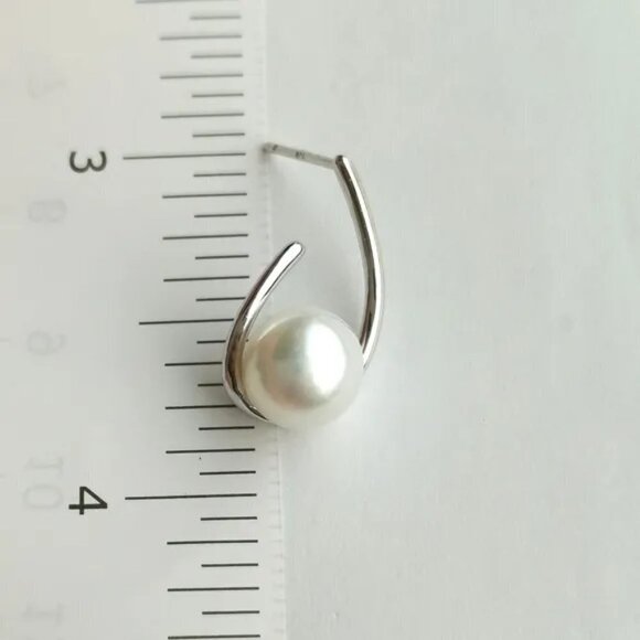Cultured white pearl stud earrings in modern Sterling Silver setting - Picture 3 of 6
